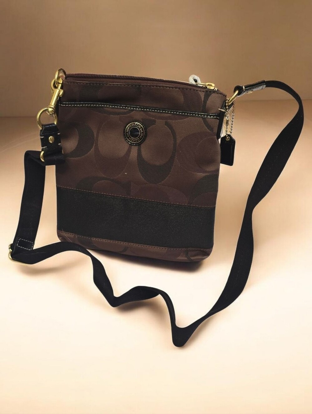 Coach Brown Signature Canvas Crossbody with Black Strap